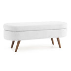 Banc de rangement capitonné en lin blanc/beige/gris avec pieds en bois massif - Utilisation unique