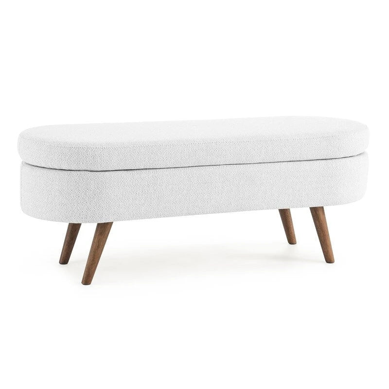 Banc de rangement capitonné en lin blanc/beige/gris avec pieds en bois massif - Utilisation unique