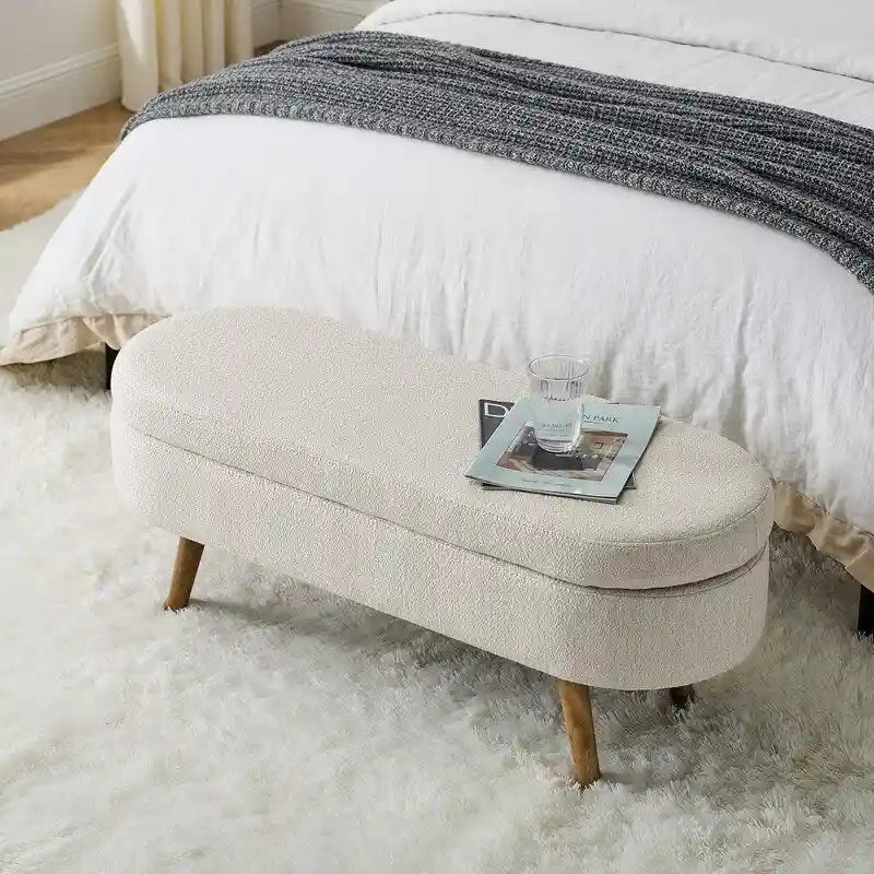 Banc de rangement capitonné en lin blanc/beige/gris avec pieds en bois massif - Utilisation unique