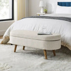 Banc de rangement capitonné en lin blanc/beige/gris avec pieds en bois massif - Utilisation unique