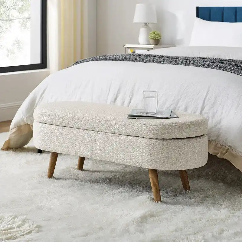 Banc de rangement capitonné en lin blanc/beige/gris avec pieds en bois massif - Utilisation unique