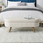 Banc de rangement capitonné en lin blanc/beige/gris avec pieds en bois massif - Utilisation unique