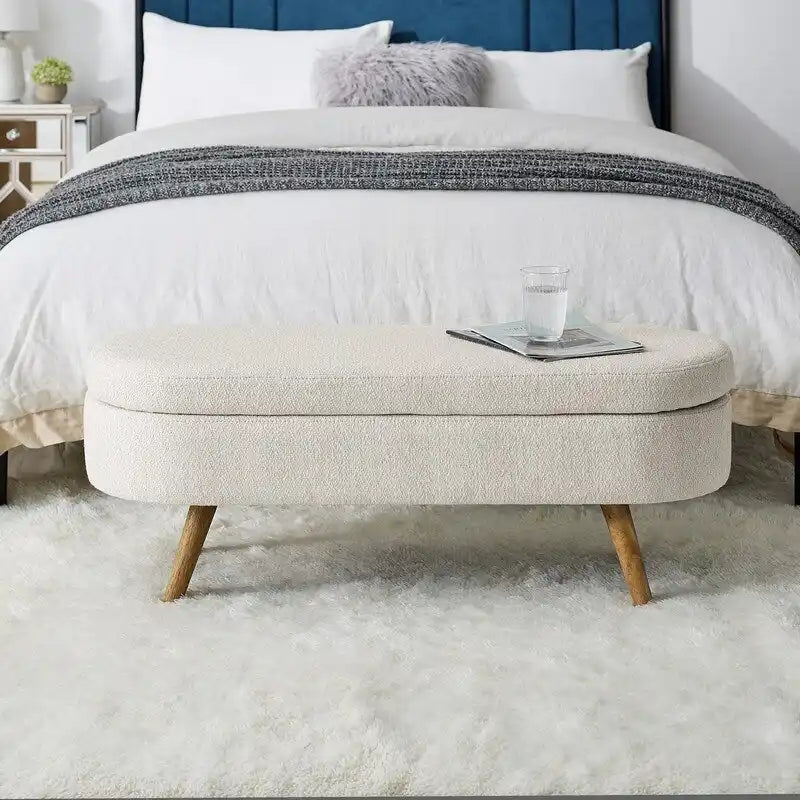 Banc de rangement capitonné en lin blanc/beige/gris avec pieds en bois massif - Utilisation unique