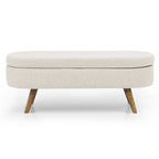 Banc de rangement capitonné en lin blanc/beige/gris avec pieds en bois massif - Utilisation unique