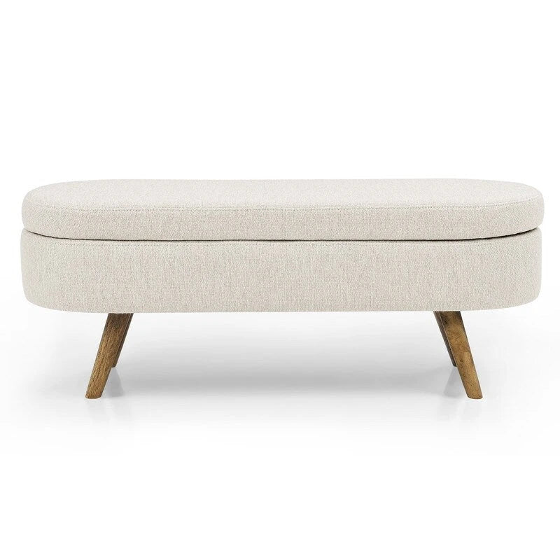 Banc de rangement capitonné en lin blanc/beige/gris avec pieds en bois massif - Utilisation unique