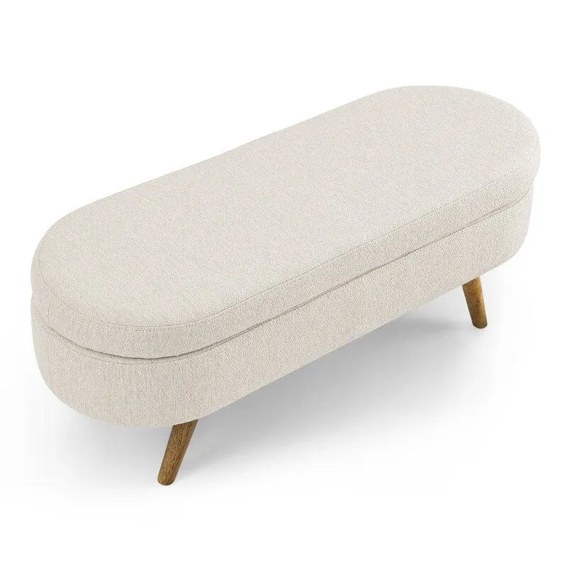 Banc de rangement capitonné en lin blanc/beige/gris avec pieds en bois massif - Utilisation unique