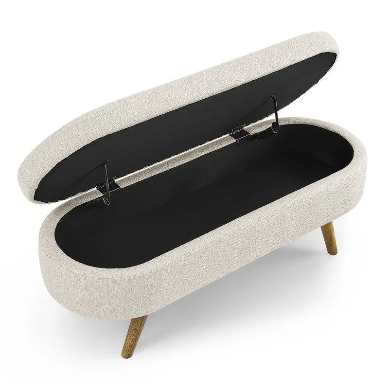 Banc de rangement capitonné en lin blanc/beige/gris avec pieds en bois massif - Utilisation unique