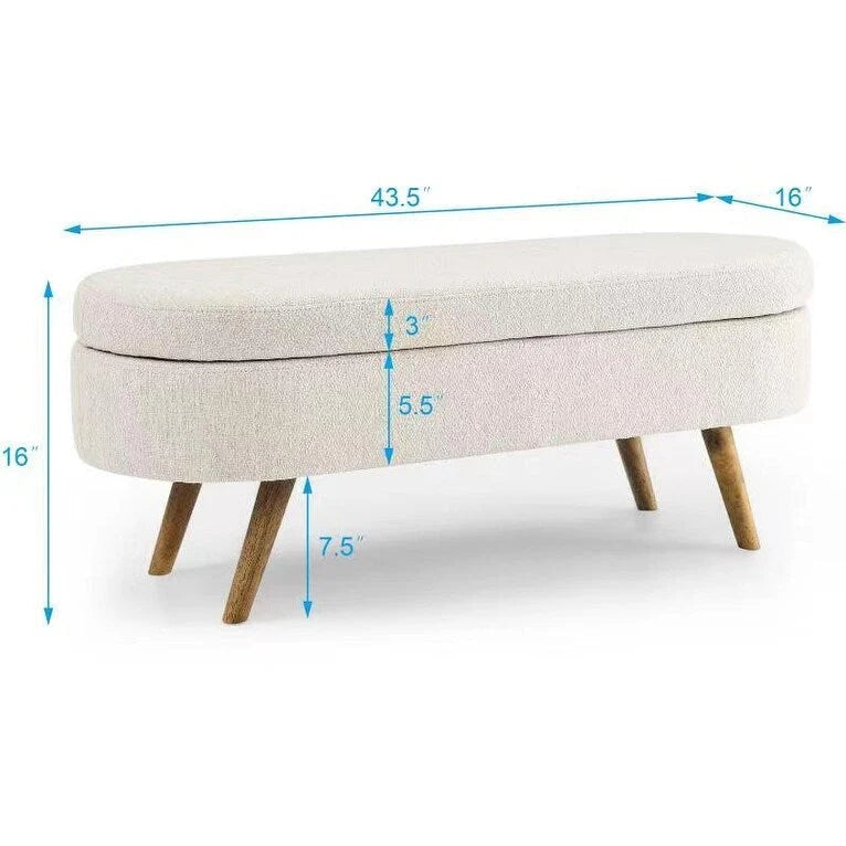 Banc de rangement capitonné en lin blanc/beige/gris avec pieds en bois massif - Utilisation unique