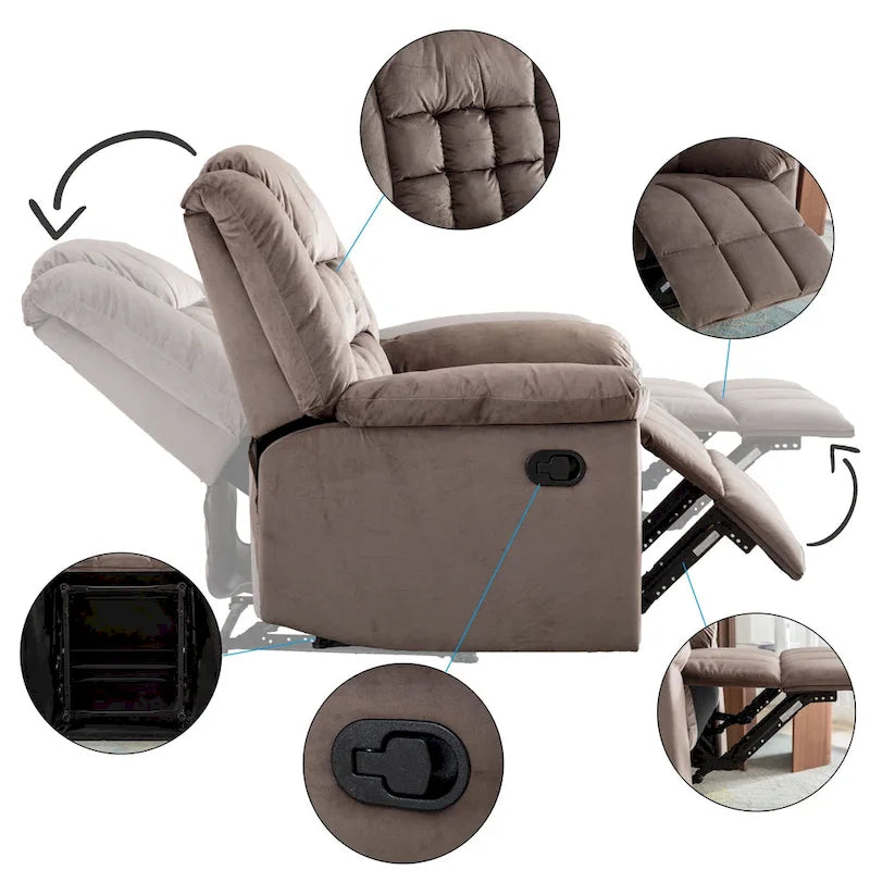 Fauteuil inclinable à bascule manuel, classique, rembourré et doux, gris/marron – Usage unique
