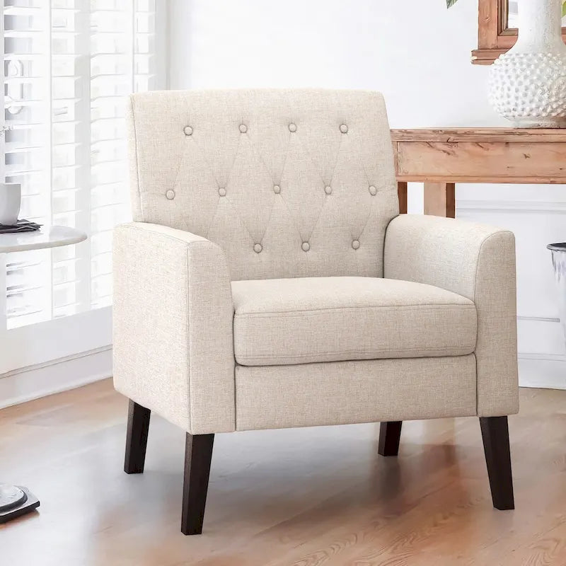 Fauteuil d'appoint capitonné mi-siècle beige / blé / vert avocat / lin gris - Usage unique