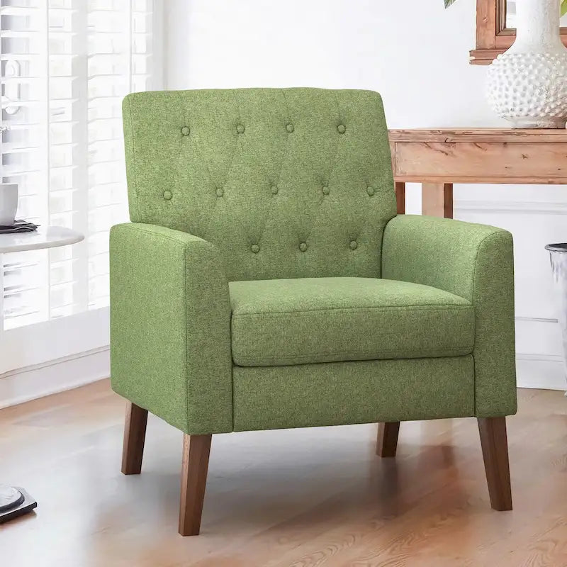 Fauteuil d'appoint capitonné mi-siècle beige / blé / vert avocat / lin gris - Usage unique