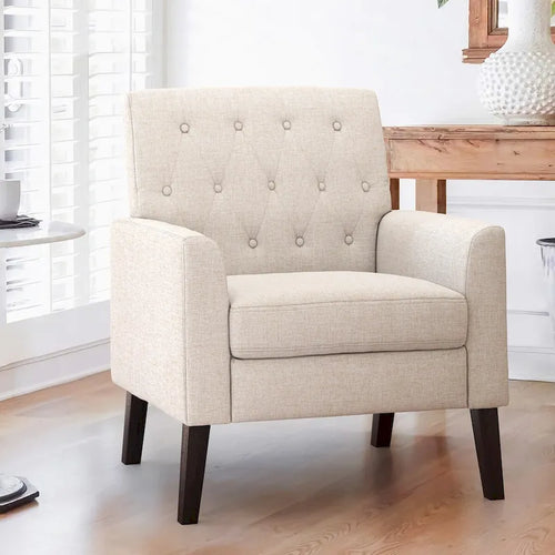 LUE BONA Mid-Century Modern Upholstered Linen Fabric Button Tufted Accent Chair - 28.5 W X 27.25 D X 33.75 H