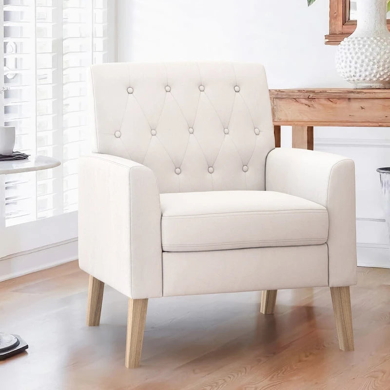 Fauteuil d'appoint capitonné mi-siècle beige / blé / vert avocat / lin gris - Usage unique
