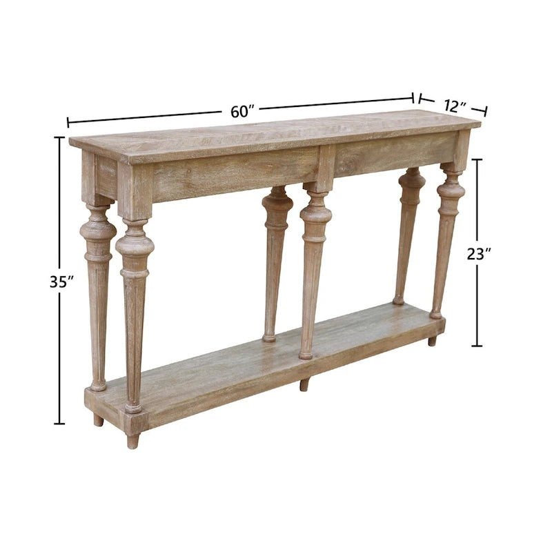 Console de table basse en manguier blanchi à pieds tournés traditionnels avec étagère inférieure - Usage unique