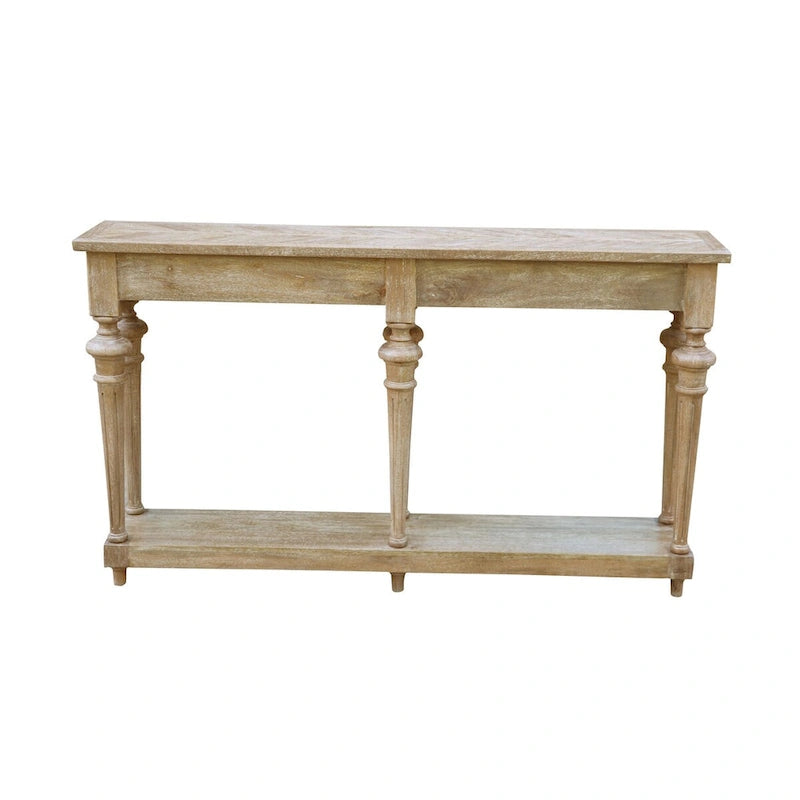 Console de table basse en manguier blanchi à pieds tournés traditionnels avec étagère inférieure - Usage unique