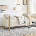 Banc de rangement capitonné en lin beige/vert avec accoudoirs cylindriques et pieds en fer - Usage unique