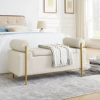Banc de rangement capitonné en lin beige/vert avec accoudoirs cylindriques et pieds en fer - Usage unique
