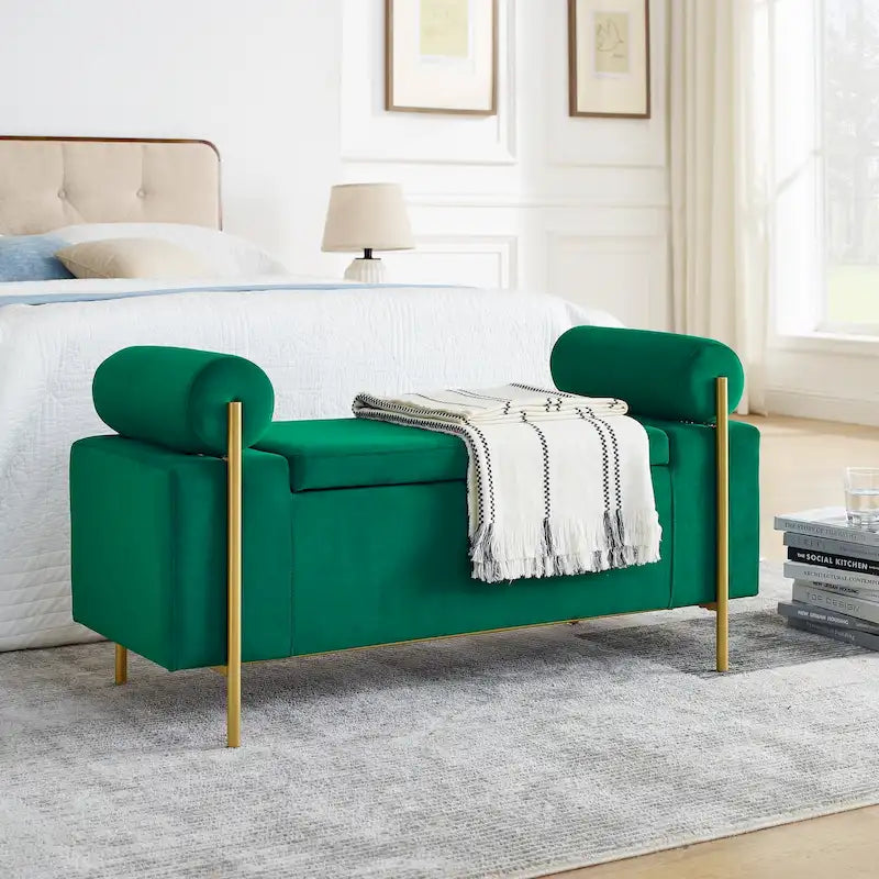 Banc de rangement capitonné en lin beige/vert avec accoudoirs cylindriques et pieds en fer - Usage unique