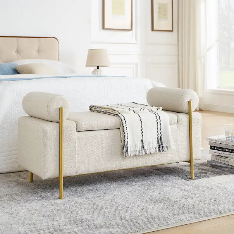 Banc de rangement capitonné en lin beige/vert avec accoudoirs cylindriques et pieds en fer - Usage unique