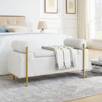 Banc de rangement capitonné en lin beige/vert avec accoudoirs cylindriques et pieds en fer - Usage unique