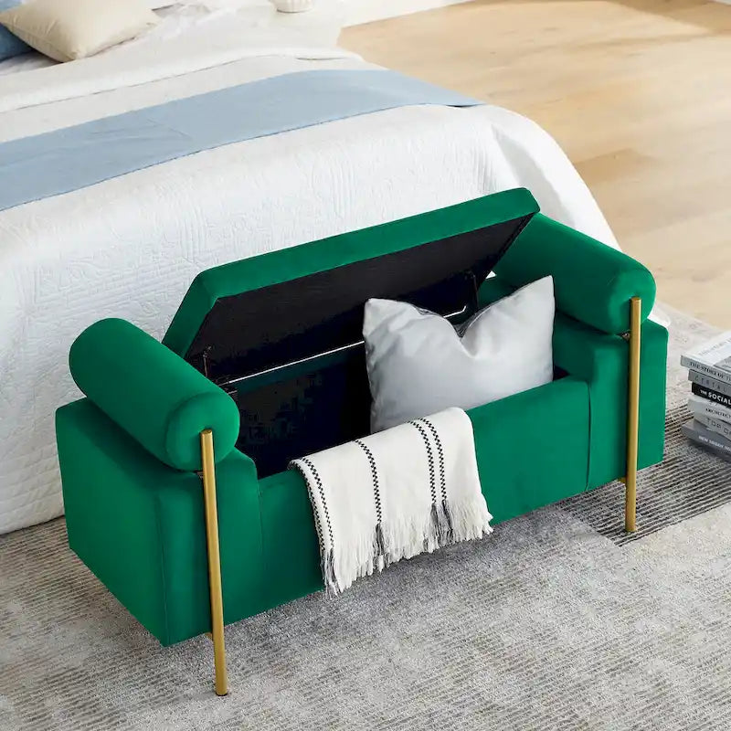 Banc de rangement capitonné en lin beige/vert avec accoudoirs cylindriques et pieds en fer - Usage unique