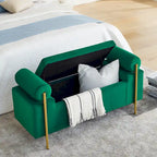 Banc de rangement capitonné en lin beige/vert avec accoudoirs cylindriques et pieds en fer - Usage unique