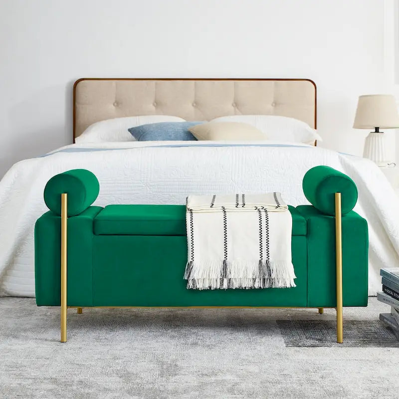Banc de rangement capitonné en lin beige/vert avec accoudoirs cylindriques et pieds en fer - Usage unique