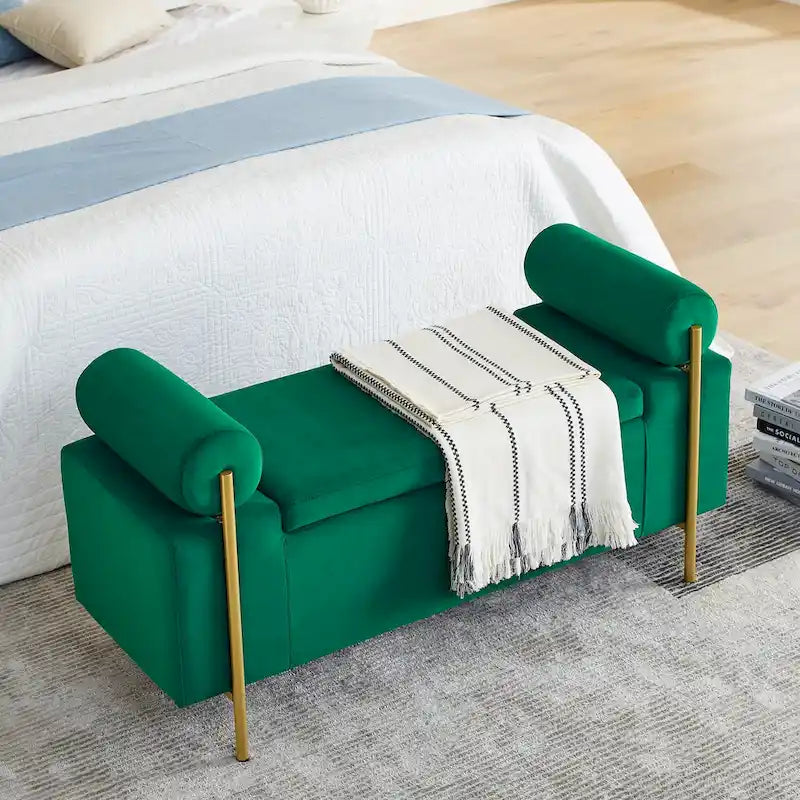 Banc de rangement capitonné en lin beige/vert avec accoudoirs cylindriques et pieds en fer - Usage unique