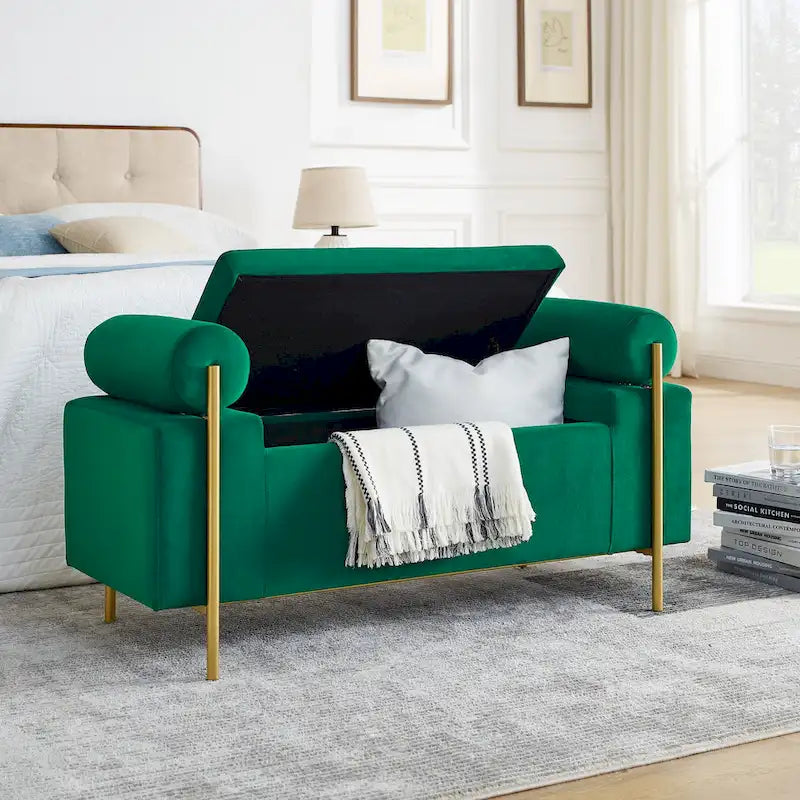 Banc de rangement capitonné en lin beige/vert avec accoudoirs cylindriques et pieds en fer - Usage unique