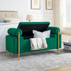 Banc de rangement capitonné en lin beige/vert avec accoudoirs cylindriques et pieds en fer - Usage unique