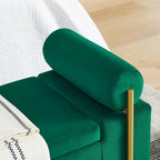 Banc de rangement capitonné en lin beige/vert avec accoudoirs cylindriques et pieds en fer - Usage unique