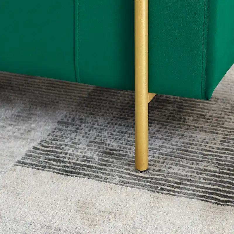 Banc de rangement capitonné en lin beige/vert avec accoudoirs cylindriques et pieds en fer - Usage unique