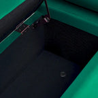Banc de rangement capitonné en lin beige/vert avec accoudoirs cylindriques et pieds en fer - Usage unique