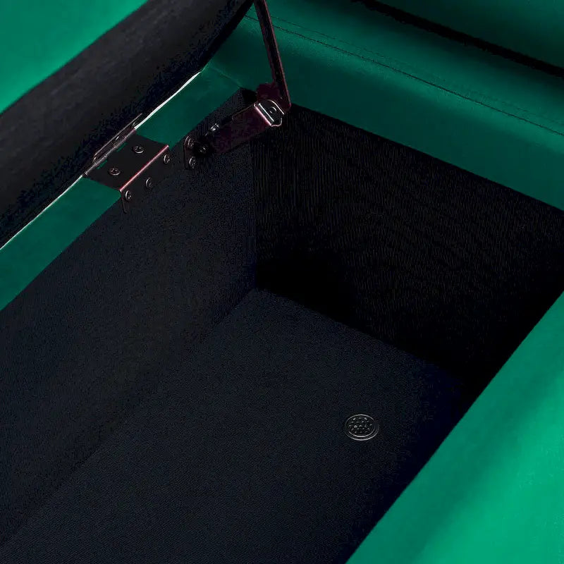 Banc de rangement capitonné en lin beige/vert avec accoudoirs cylindriques et pieds en fer - Usage unique