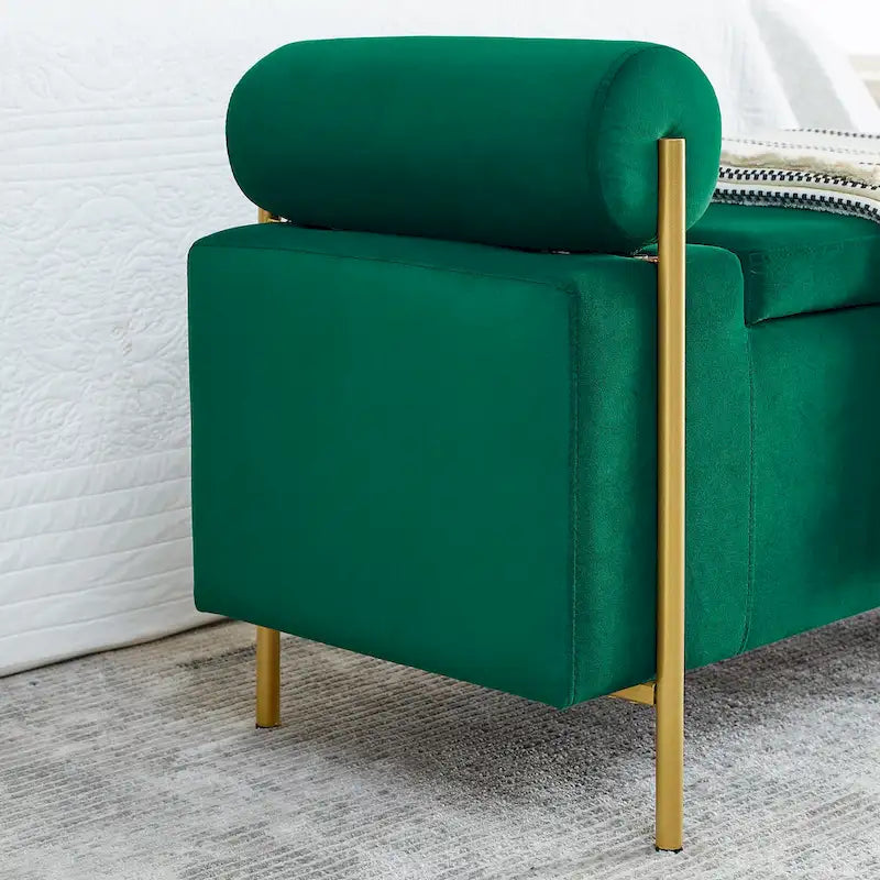 Banc de rangement capitonné en lin beige/vert avec accoudoirs cylindriques et pieds en fer - Usage unique