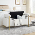 Banc de rangement capitonné en lin beige/vert avec accoudoirs cylindriques et pieds en fer - Usage unique