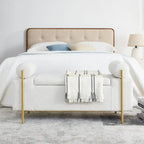 Banc de rangement capitonné en lin beige/vert avec accoudoirs cylindriques et pieds en fer - Usage unique