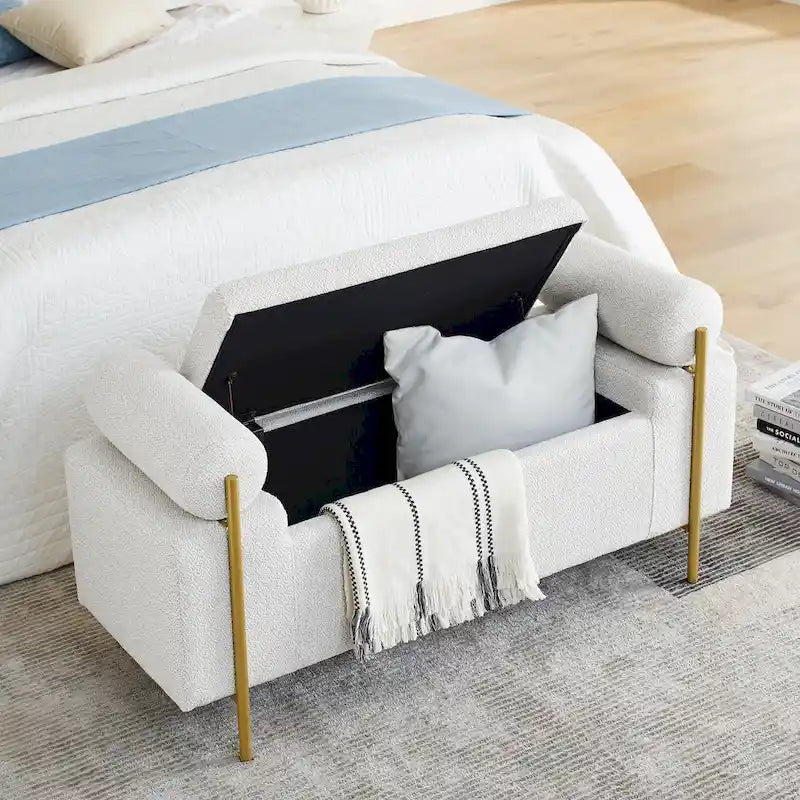 Banc de rangement capitonné en lin beige/vert avec accoudoirs cylindriques et pieds en fer - Usage unique
