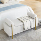 Banc de rangement capitonné en lin beige/vert avec accoudoirs cylindriques et pieds en fer - Usage unique