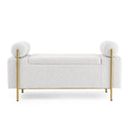 Banc de rangement capitonné en lin beige/vert avec accoudoirs cylindriques et pieds en fer - Usage unique