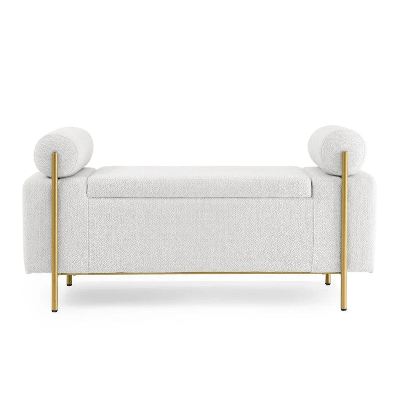 Banc de rangement capitonné en lin beige/vert avec accoudoirs cylindriques et pieds en fer - Usage unique