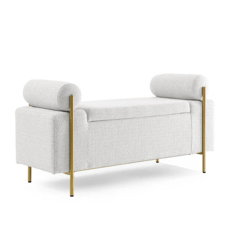 Banc de rangement capitonné en lin beige/vert avec accoudoirs cylindriques et pieds en fer - Usage unique