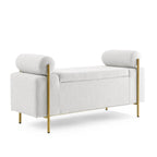 Banc de rangement capitonné en lin beige/vert avec accoudoirs cylindriques et pieds en fer - Usage unique
