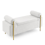 Banc de rangement capitonné en lin beige/vert avec accoudoirs cylindriques et pieds en fer - Usage unique