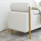 Banc de rangement capitonné en lin beige/vert avec accoudoirs cylindriques et pieds en fer - Usage unique