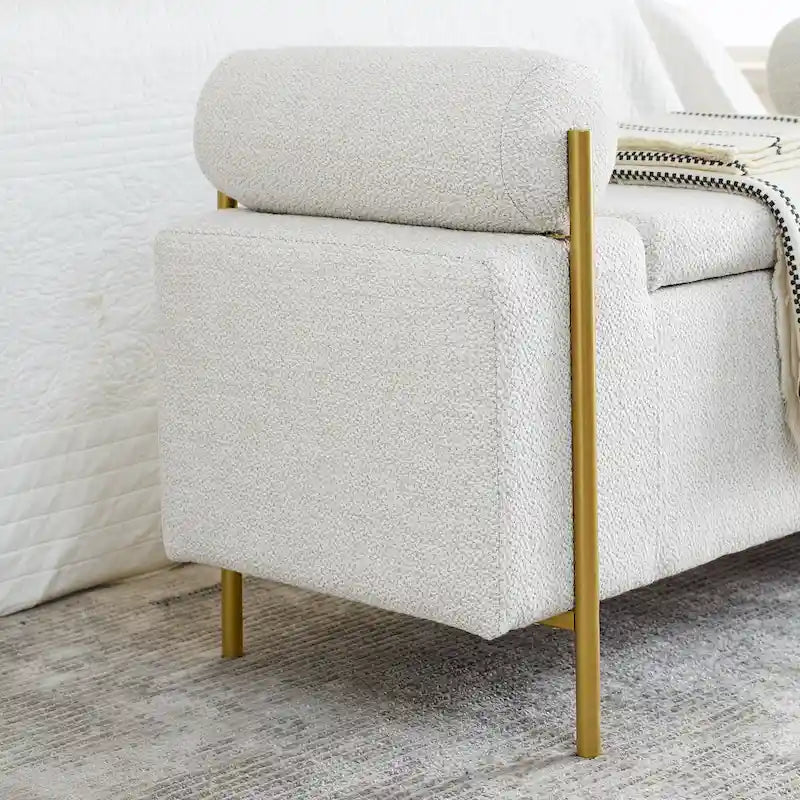 Banc de rangement capitonné en lin beige/vert avec accoudoirs cylindriques et pieds en fer - Usage unique