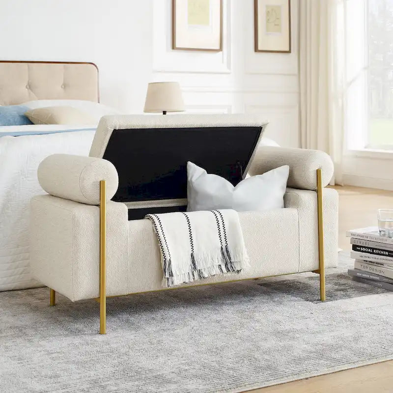 Banc de rangement capitonné en lin beige/vert avec accoudoirs cylindriques et pieds en fer - Usage unique