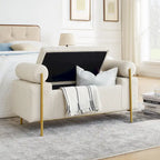 Banc de rangement capitonné en lin beige/vert avec accoudoirs cylindriques et pieds en fer - Usage unique