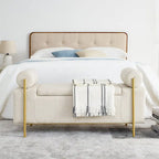 Banc de rangement capitonné en lin beige/vert avec accoudoirs cylindriques et pieds en fer - Usage unique