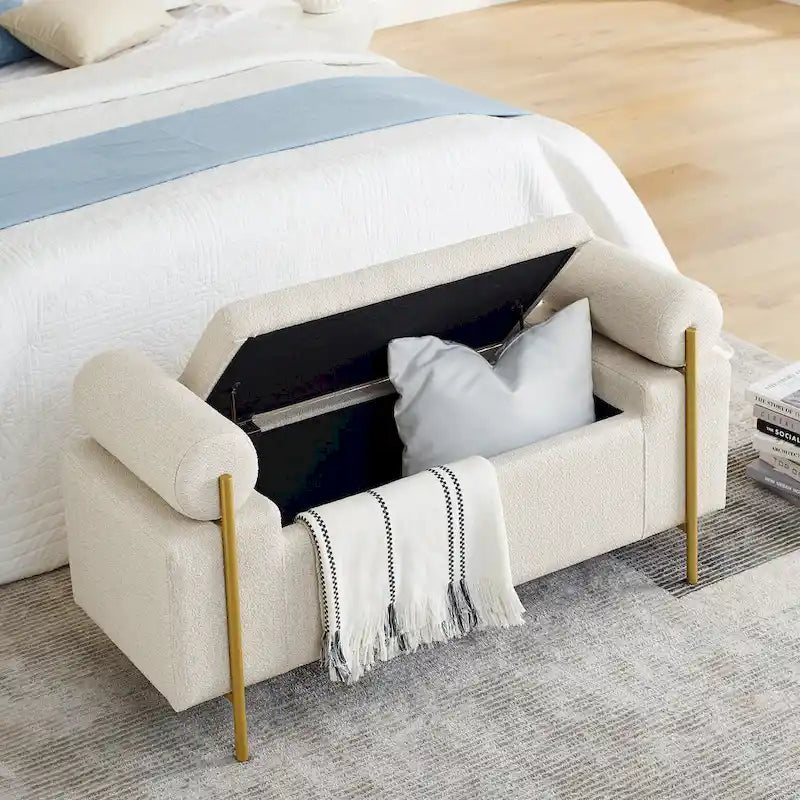 Banc de rangement capitonné en lin beige/vert avec accoudoirs cylindriques et pieds en fer - Usage unique